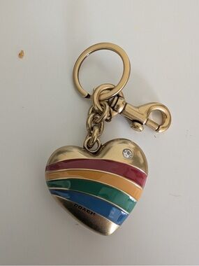 Coach Gold Heart Keychain with Rainbow Enamel Stripes